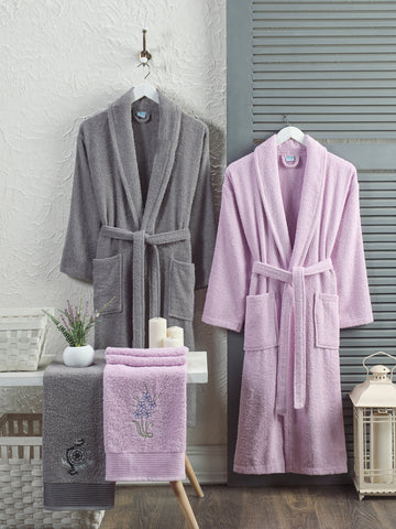 Berry - 4'lü Baş Havlulu Antrasit Leylak Bornoz Aile Seti