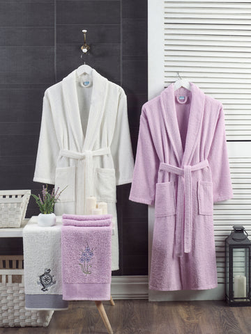 Berry - 4'lü Baş Havlulu Leylak-Krem(Dümen) Bornoz Aile Seti