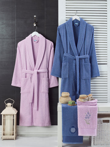 Berry - 4'lü Baş Havlulu Leylak-Lacivert Bornoz Aile Seti