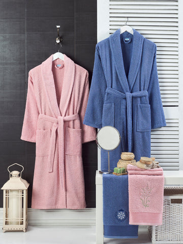 Berry - 4'lü Baş Havlulu Pudra-Lacivert Bornoz Aile Seti